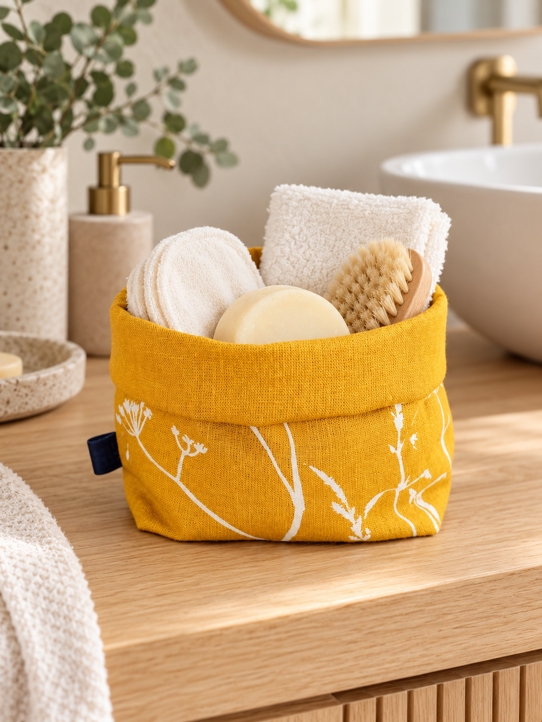 Mustard Yellow Linen Storage Pot - Hedgerow Design