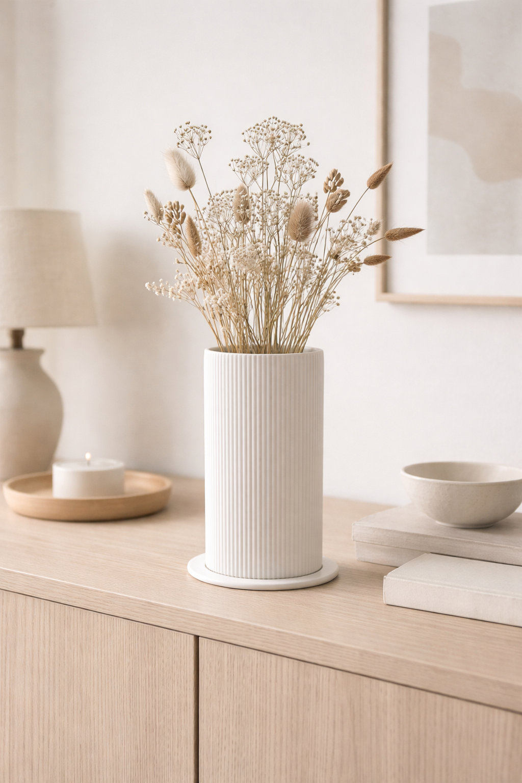 Minimalist decorative ceramic vase styled with dried flowers on sideboard