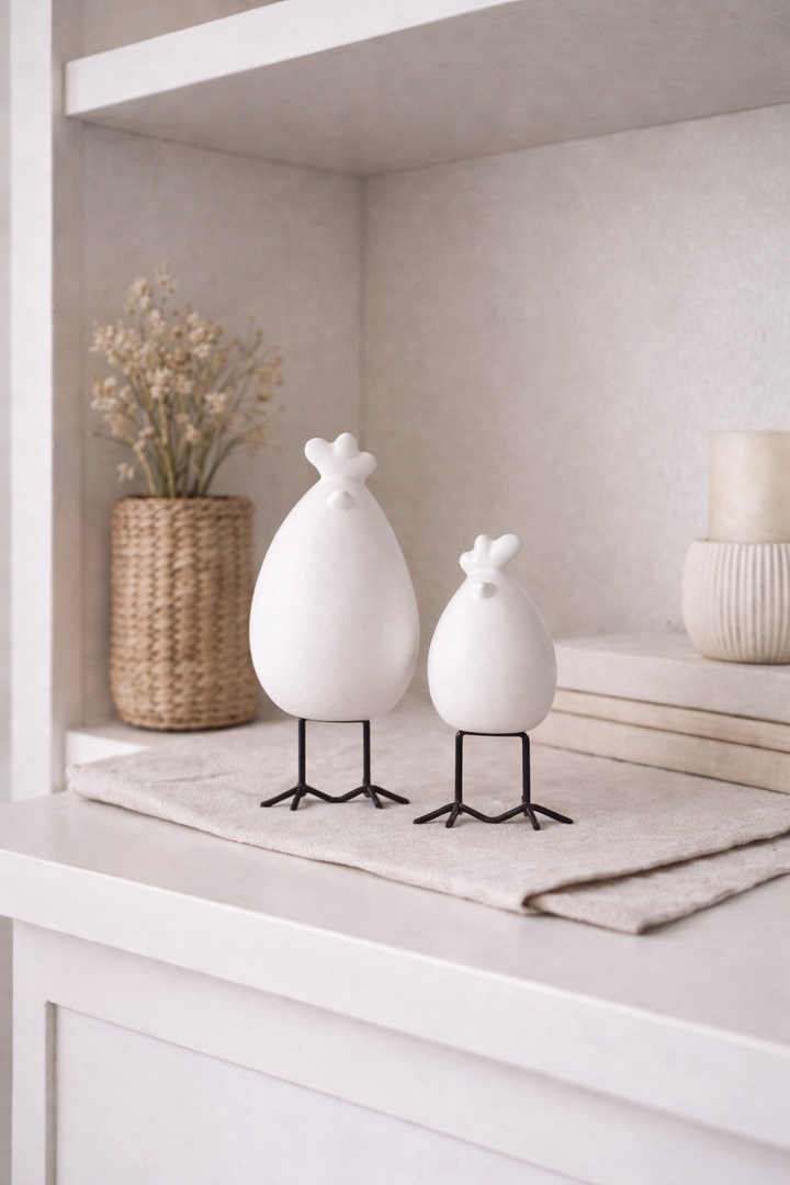 Set of 2 White Ceramic Easter Hens