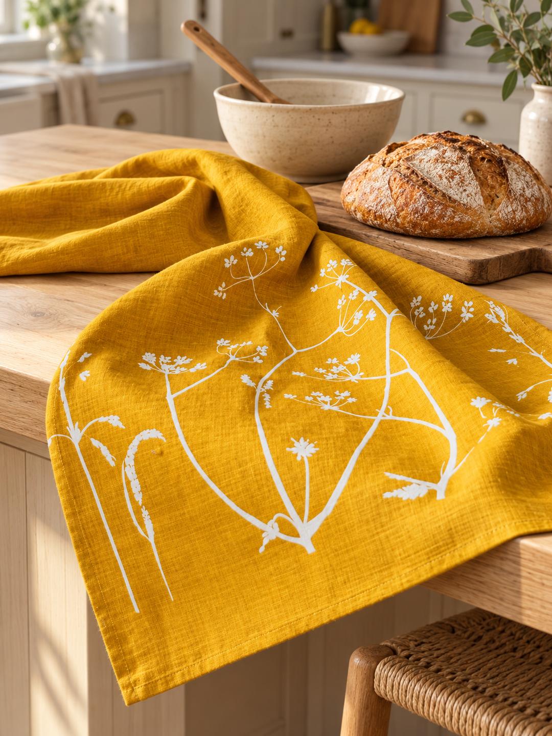 Mustard linen tea towel with a white hedgerow design spread across an oak kitchen island beside sourdough bread and a ceramic mixing bowl.
