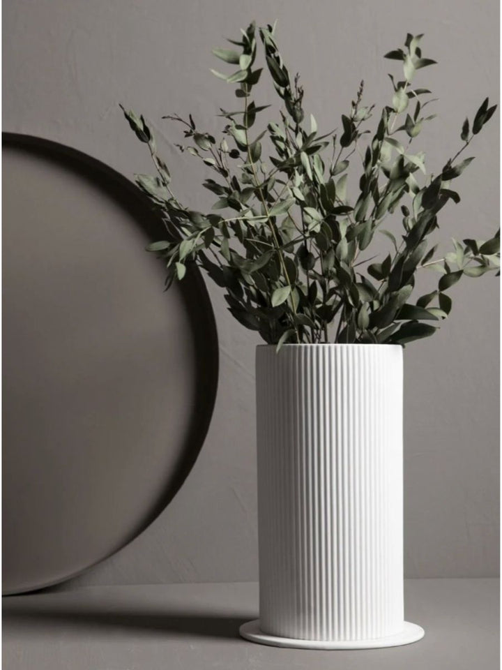 White Matte Ceramic Vase with Striped Texture