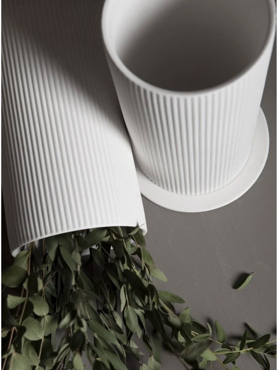 White Matte Ceramic Vase with Striped Texture