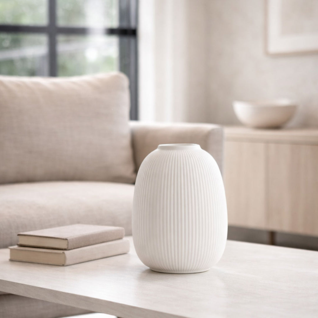 Aby Large White Ribbed Ceramic Vase
