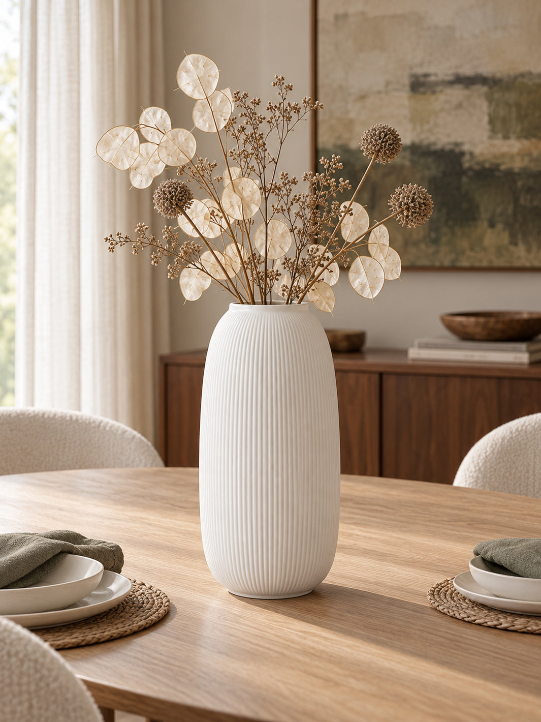 Storefactory Aby XL White Ribbed Ceramic Vase - 35cm