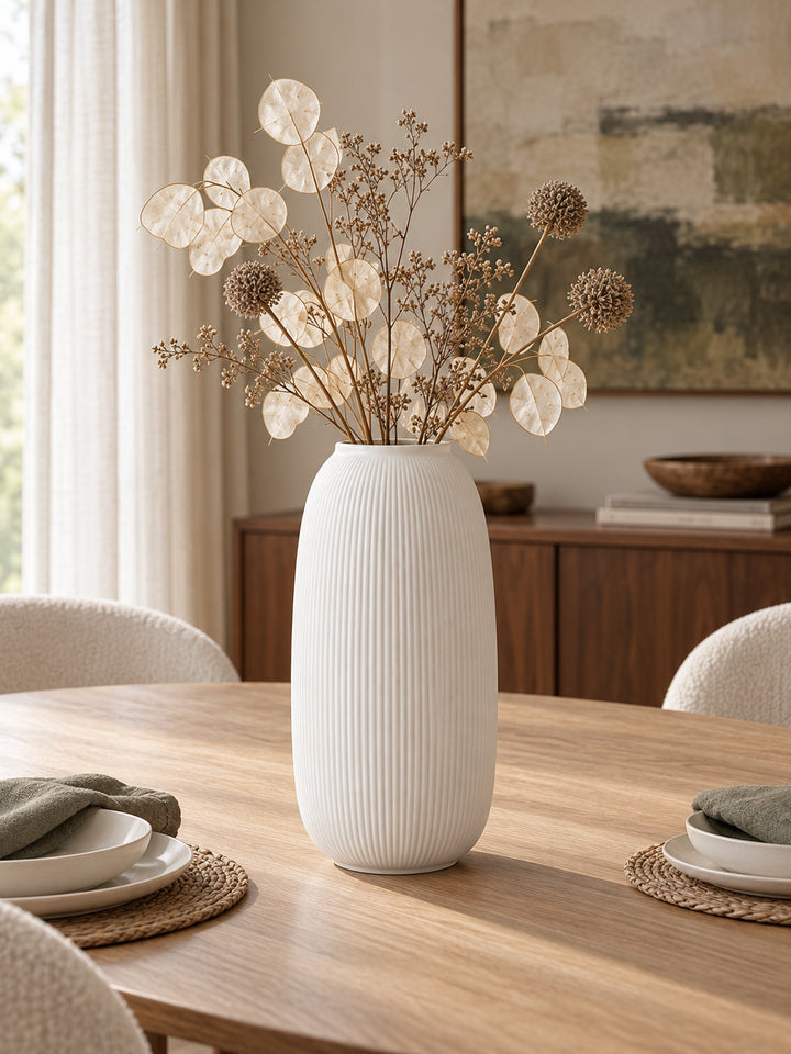 Storefactory Aby XL White Ribbed Ceramic Vase - 35cm