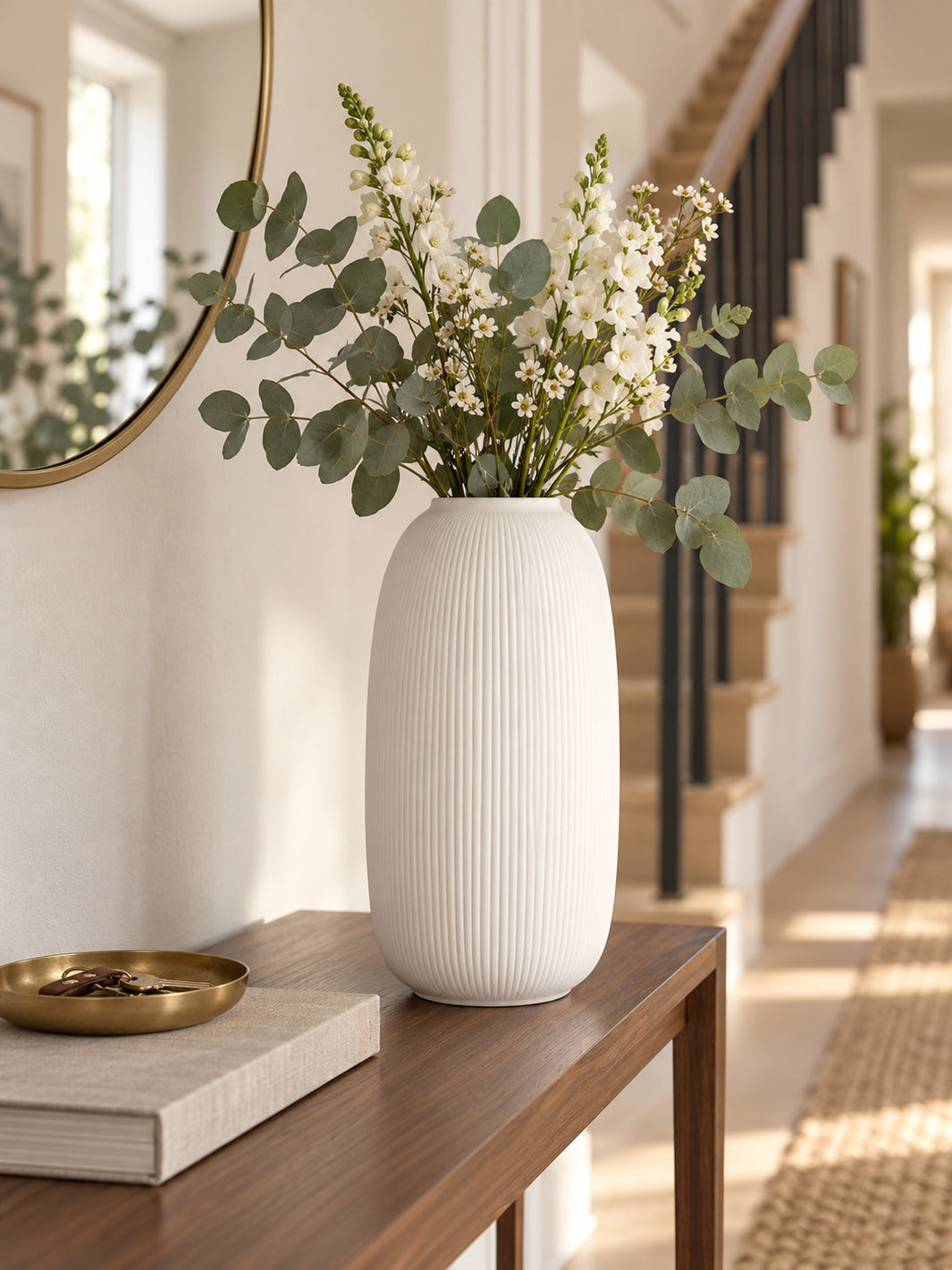 Storefactory Aby XL White Ribbed Ceramic Vase - 35cm