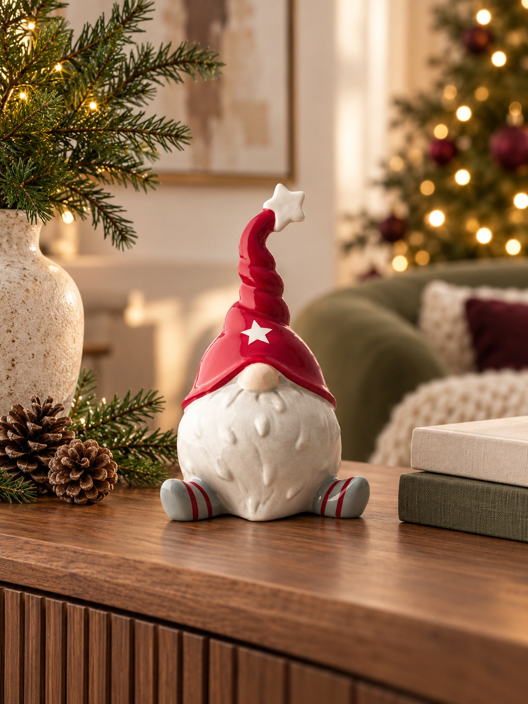 Ceramic Father Christmas ornament with a red star-topped hat and white beard, displayed on a walnut console with festive greenery and Christmas tree lights behind.