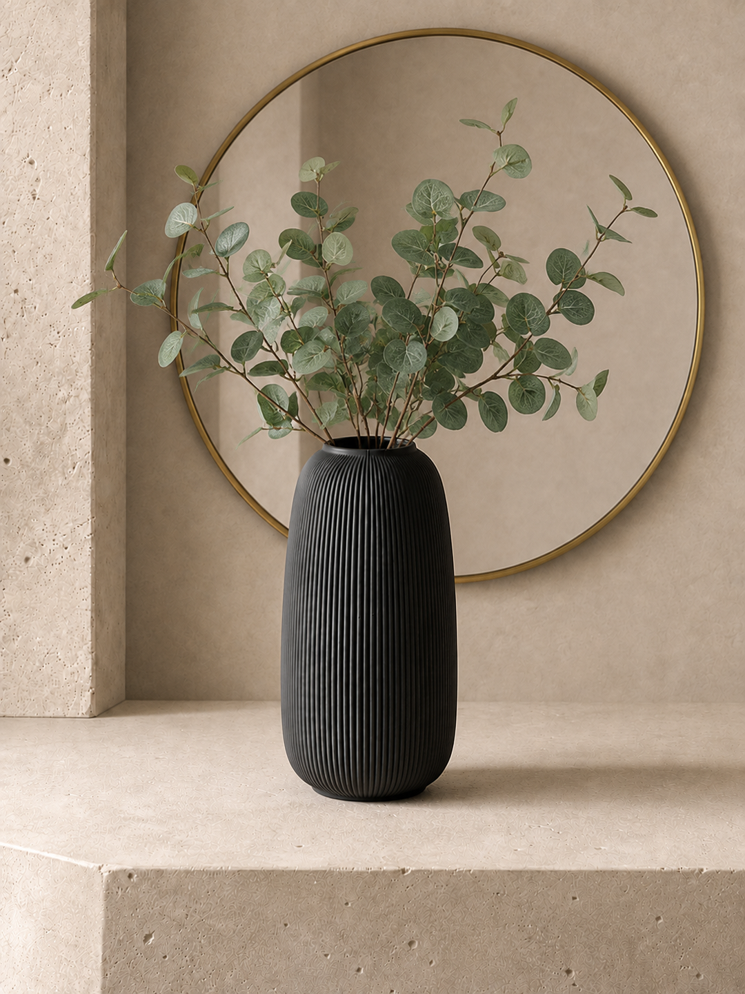 Dark Grey Ribbed Ceramic Vase