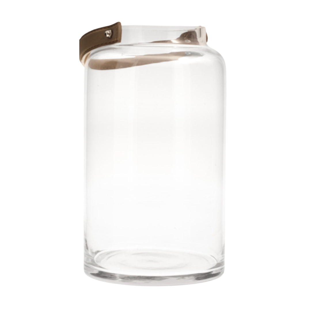 Large hand-blown glass candle lantern with faux leather handle 