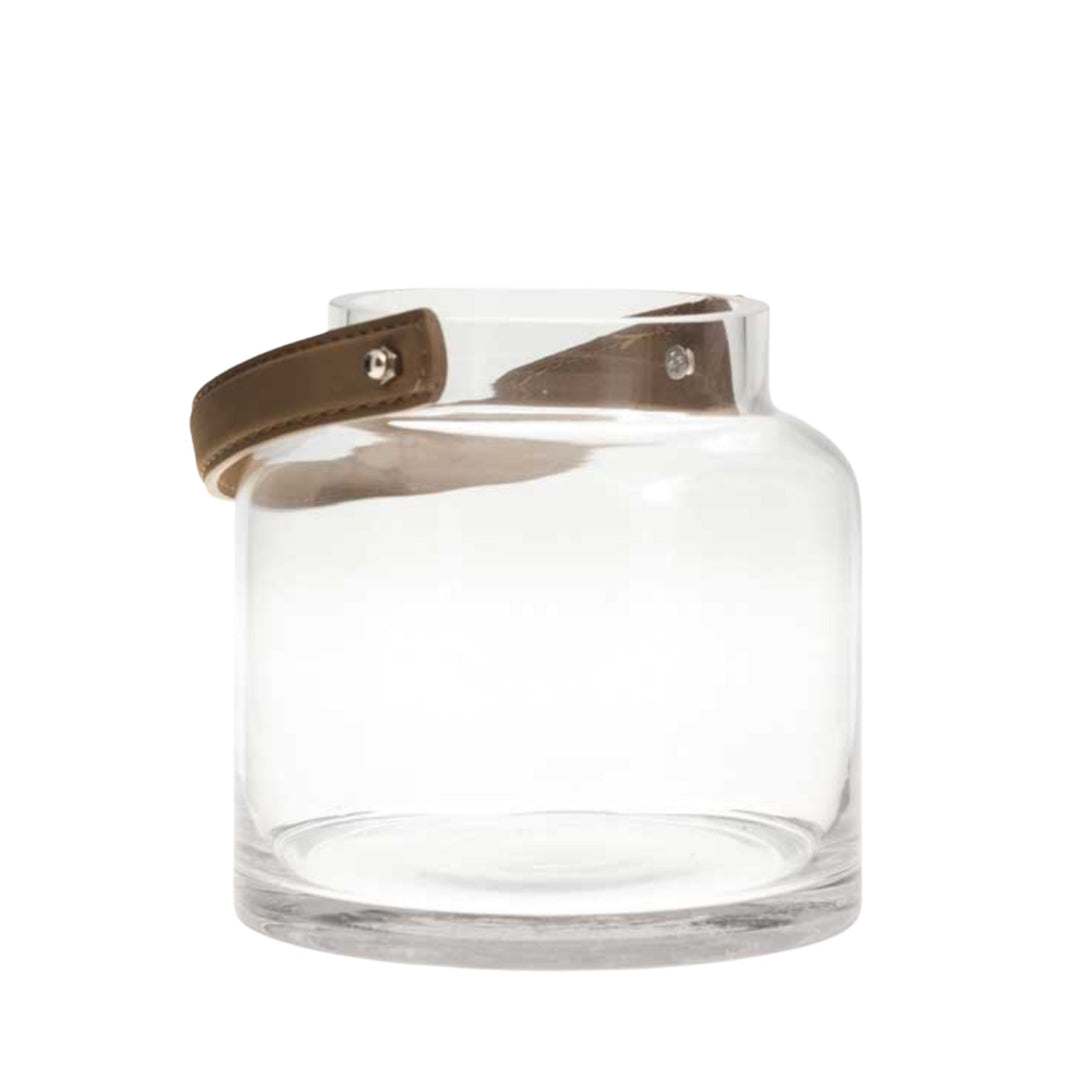 Small hand-blown glass candle lantern with faux leather handle 