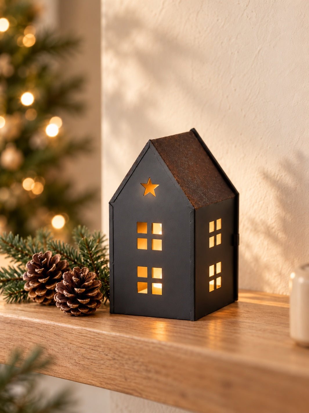 Illuminated charcoal metal house with a rustic brown roof on an oak shelf beside pinecones, with Christmas lights behind.
