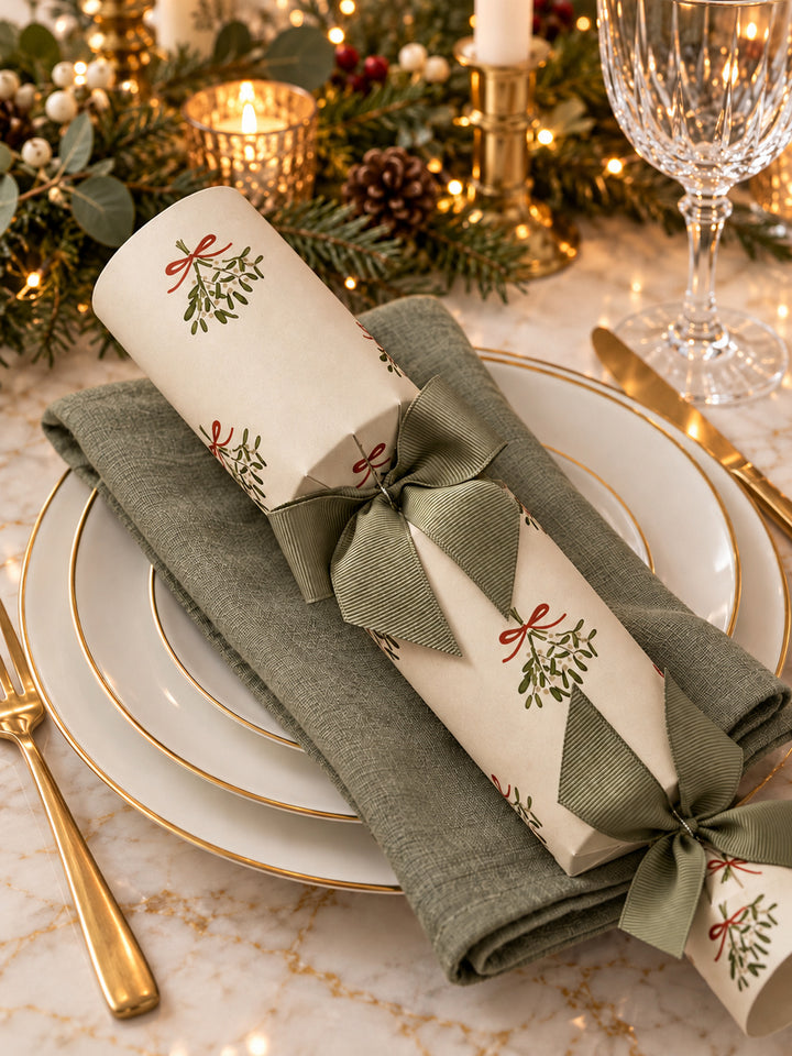 Cream mistletoe Christmas cracker with sage ribbon bows resting on a grey-sage linen napkin and gold-rimmed plate on a marble table.