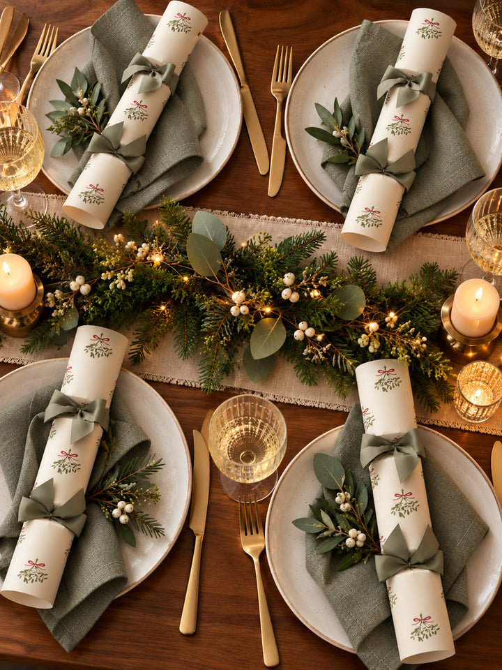 Overhead Christmas table setting with mistletoe crackers, sage linen napkins, white plates and brass cutlery around an evergreen centrepiece.