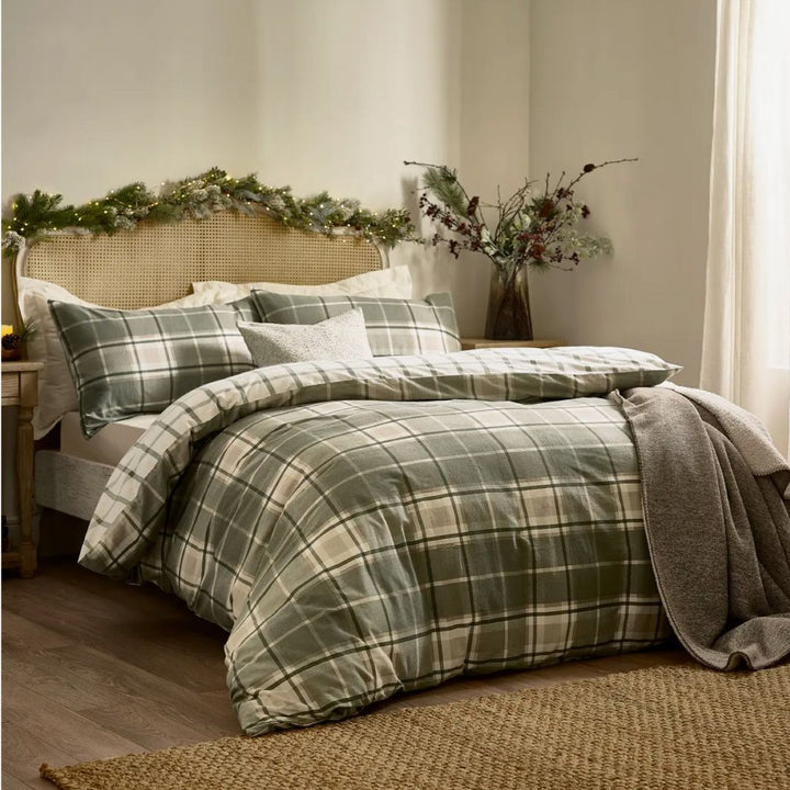 Braemar Check Brushed Cotton Duvet Cover Set Green/Natural
