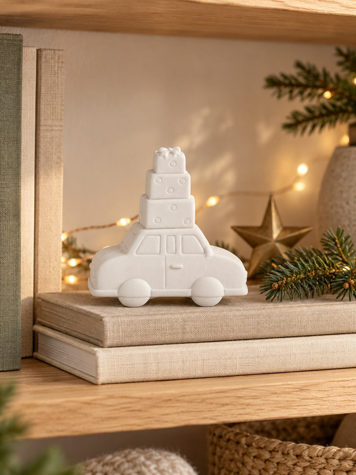 White Ceramic Christmas Presents Car