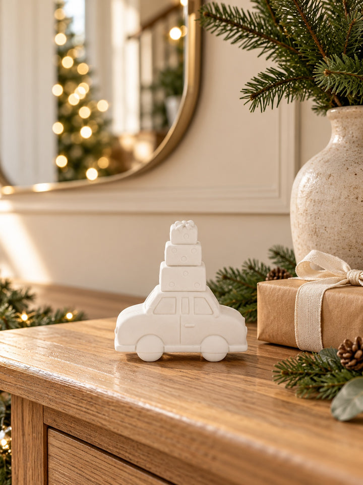 White Ceramic Christmas Presents Car