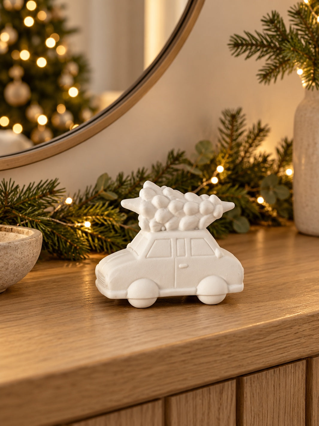 White Ceramic Christmas Tree Car