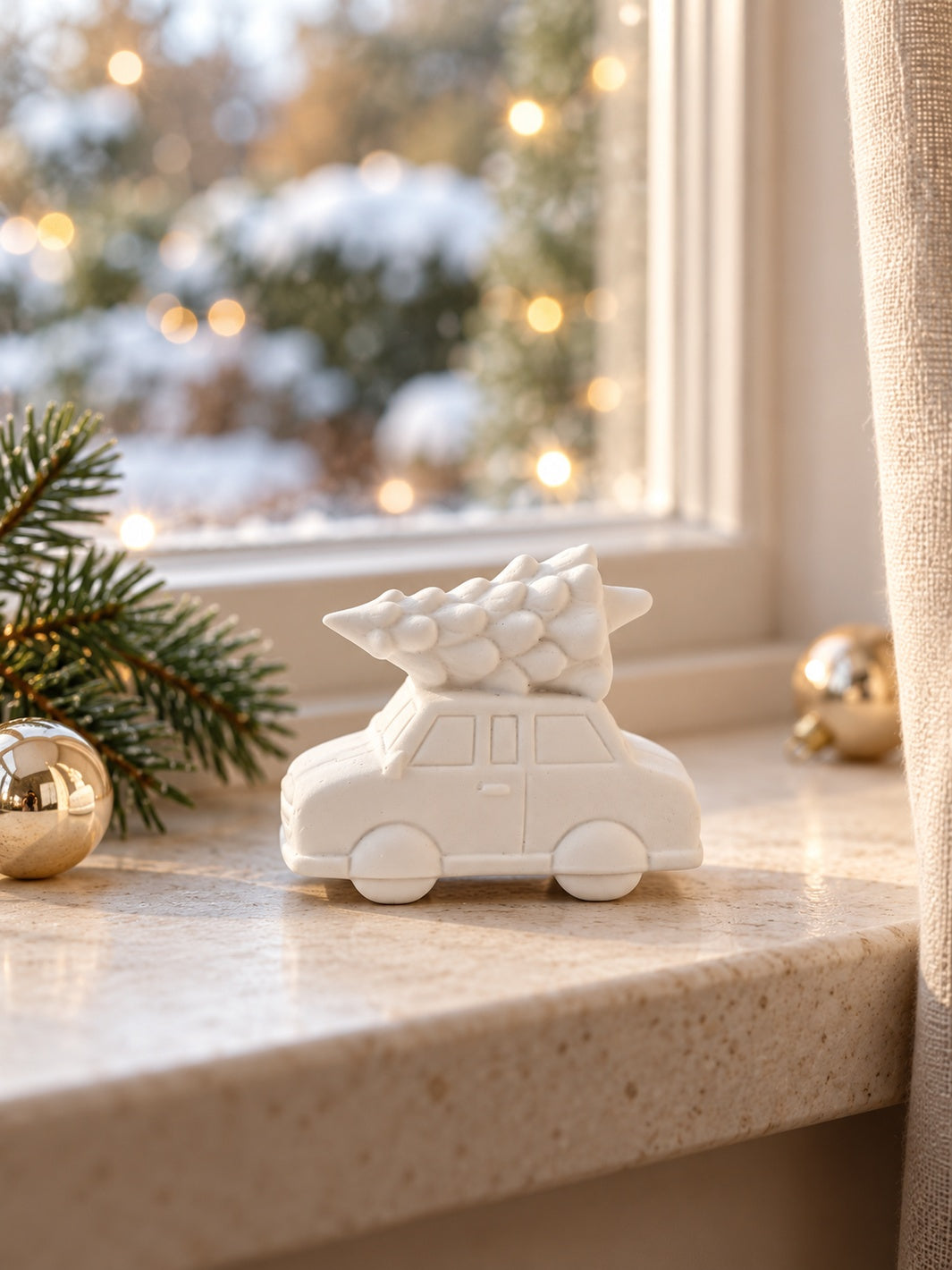 White Ceramic Christmas Tree Car