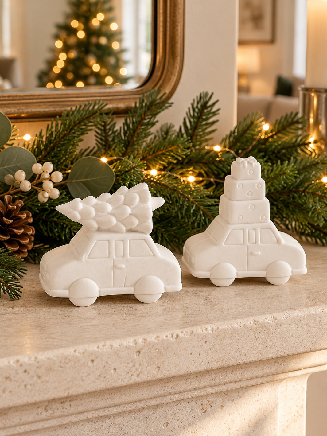 White Ceramic Christmas Tree Car
