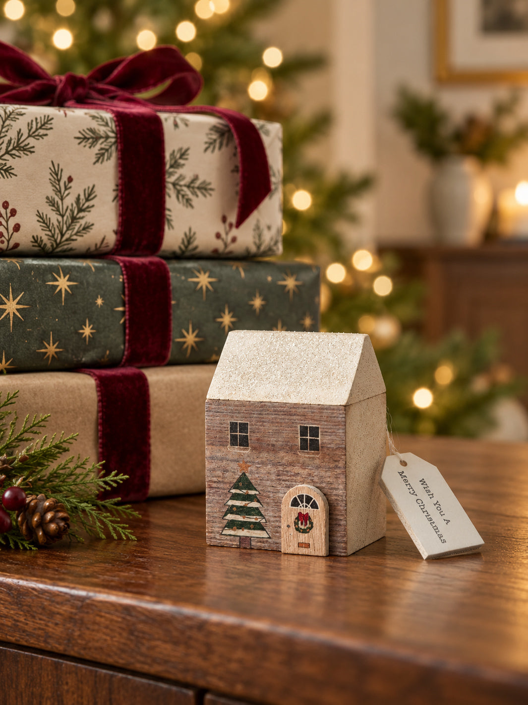 Wooden Christmas gift house with a silver glitter roof and festive painted details, displayed beside stacked presents tied with burgundy ribbon.