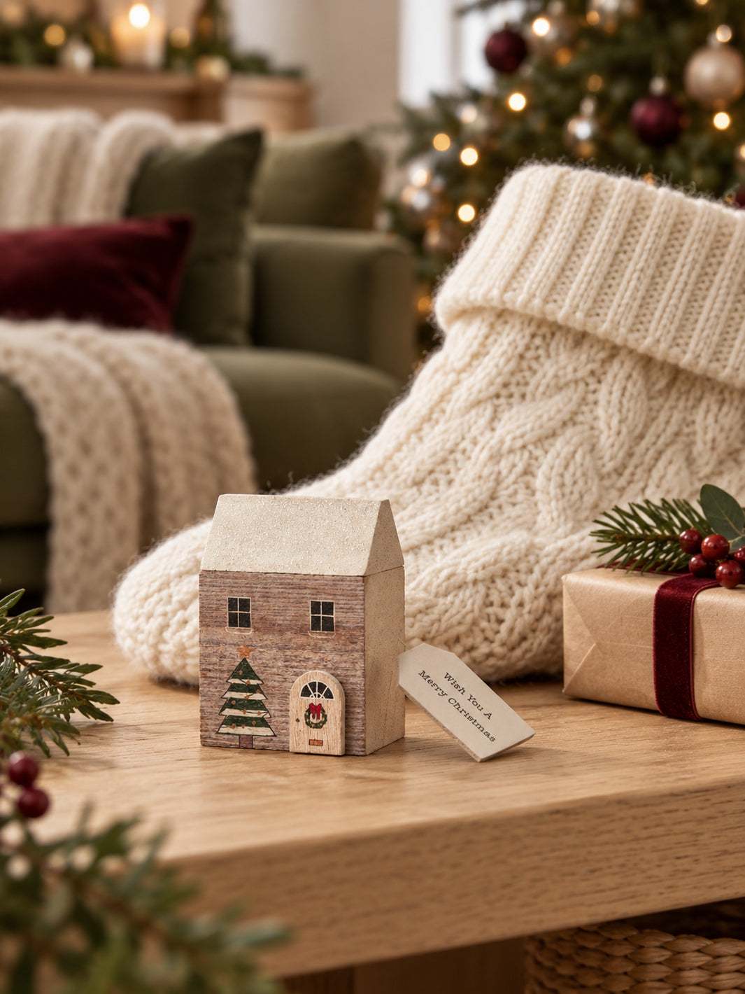 Small wooden Christmas house with a silver glitter roof and message tag, standing beside a cream knitted stocking and wrapped gift.