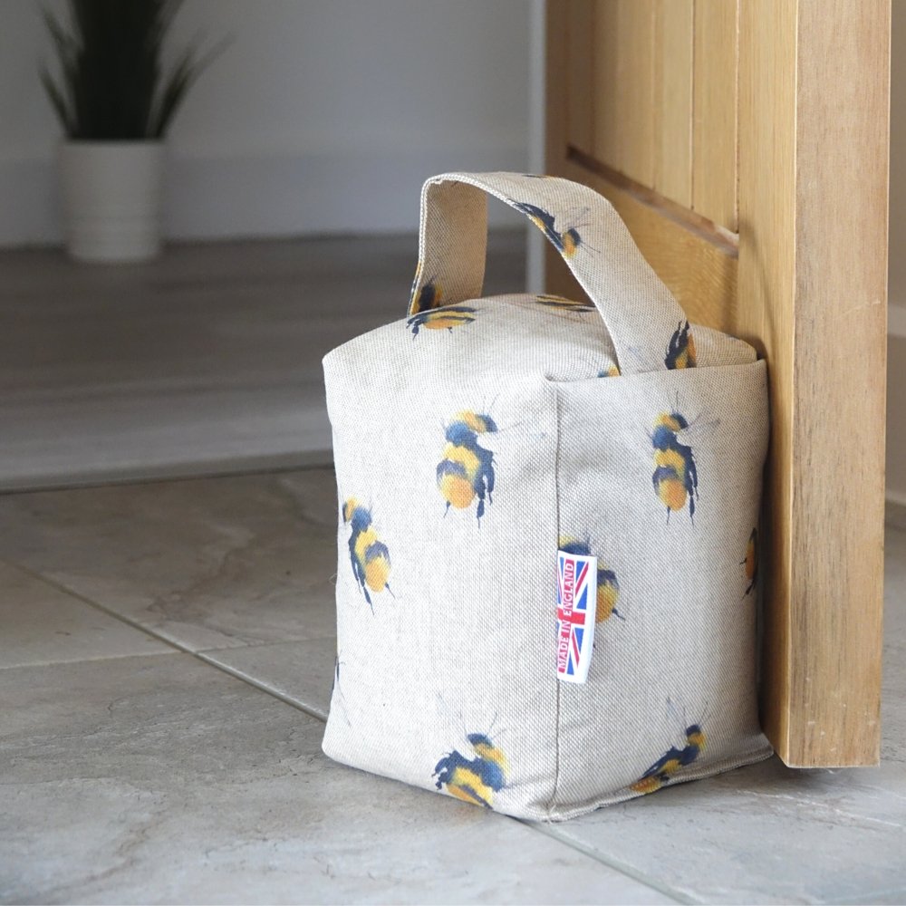 Handmade bee print weighted cotton door stop filled with English wheat